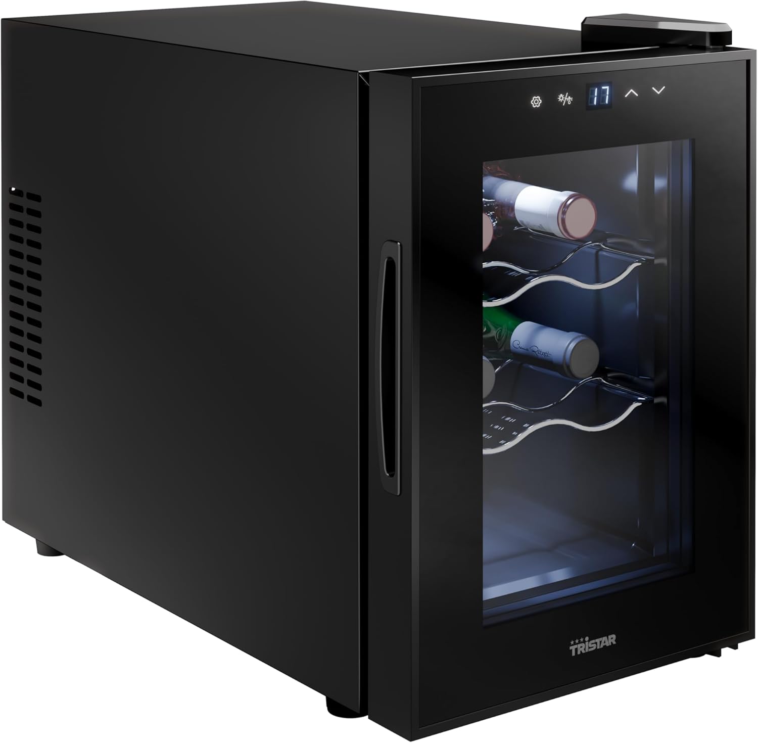 Tristar Grande Saignée WR-7506 Thermoelectric Wine Fridge Holds up to 6 Bottles Quiet & Stable Glass Door 3 Levels LED Touch Screen Interior Lighting