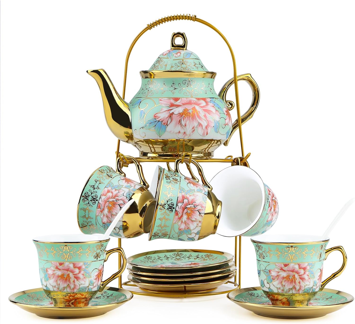 20-Piece Tea Service Coffee Service for 6 People with 700 ml Teapot and 160 ml Cups, Porcelain Ceramic Tea Set with Stand, Flower Design, European Style, Tea Party Cup Saucers Set, Green