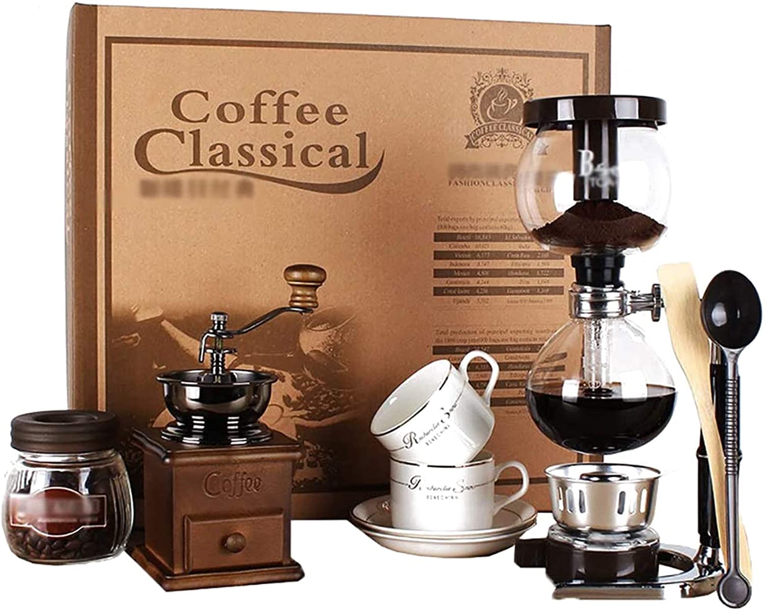 BNMY Siphon Coffee Machine Set Coffee Siphon Siphon Pot Gift Box Suit 3 Cups 35 x 13 cm Vacuum Coffee Machines Brown