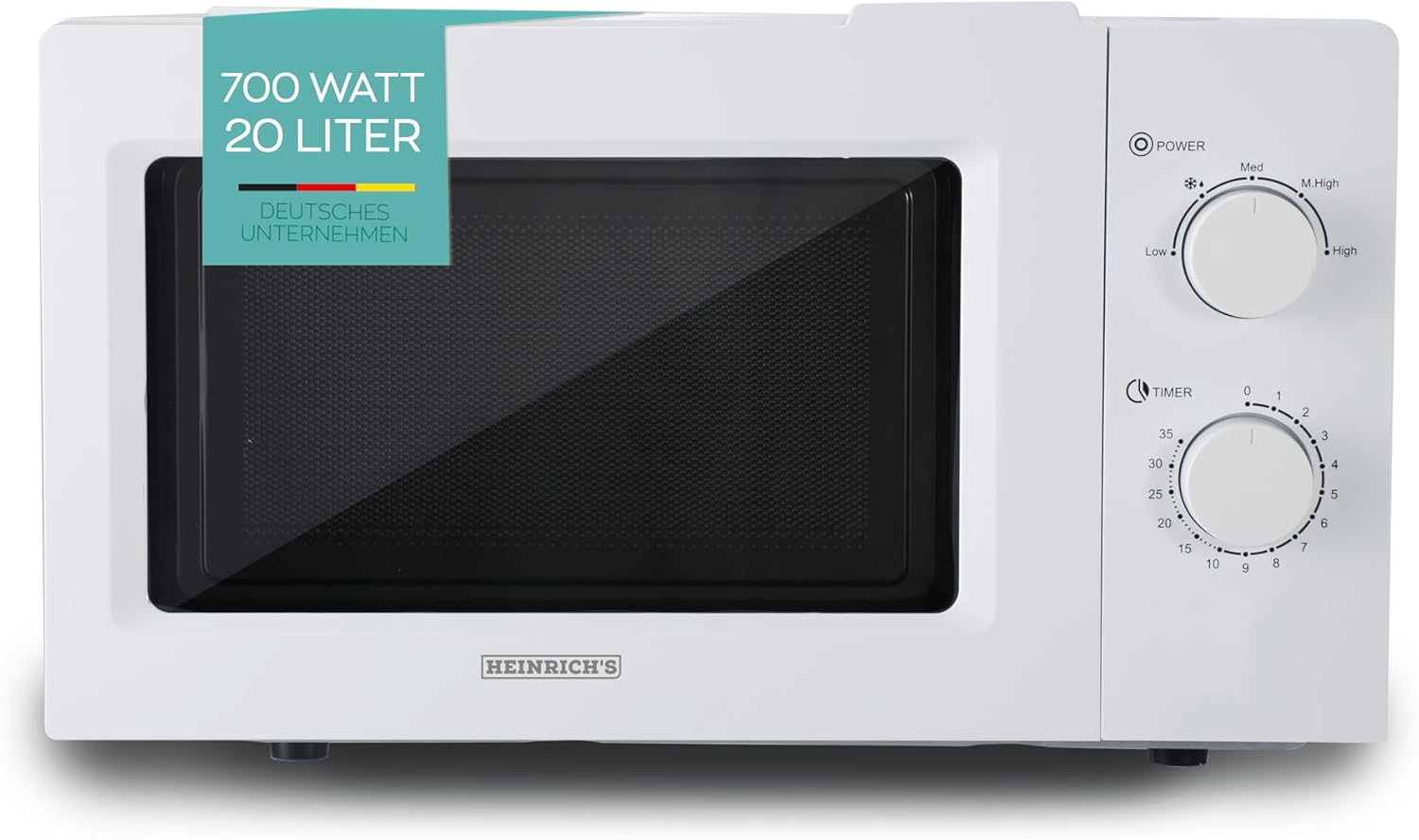 HEINRICHS Microwave, Compact Microwave, 20 L Volume, 5 Power Levels, Includes 35 Minutes Timer, Defrost Function, Interior Lighting, 360° Turntable, Two Rotary Knobs, White, 700 W Power Heinrich's