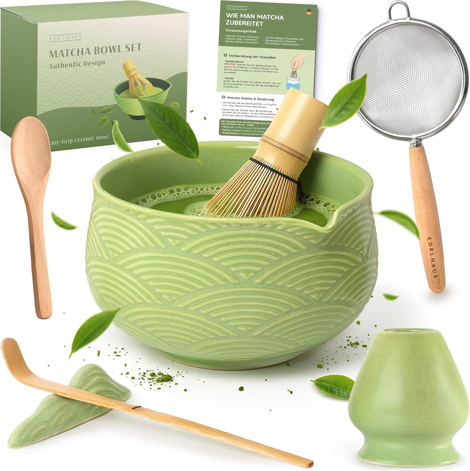 Matcha Set (7 Pieces) Matcha Bowl with Broom, Strainer, Spoon - Unique Design Ceremonial Grade Matcha Tea Set (Green)