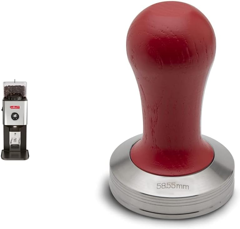Lelit Pl72 William Professional on Demand Coffee Grinder with 64 mm flat grinding discs and black LCC Display & Pla481r Lelit58 Coffee Tamper, Stainless Steel, Red Wooden handle