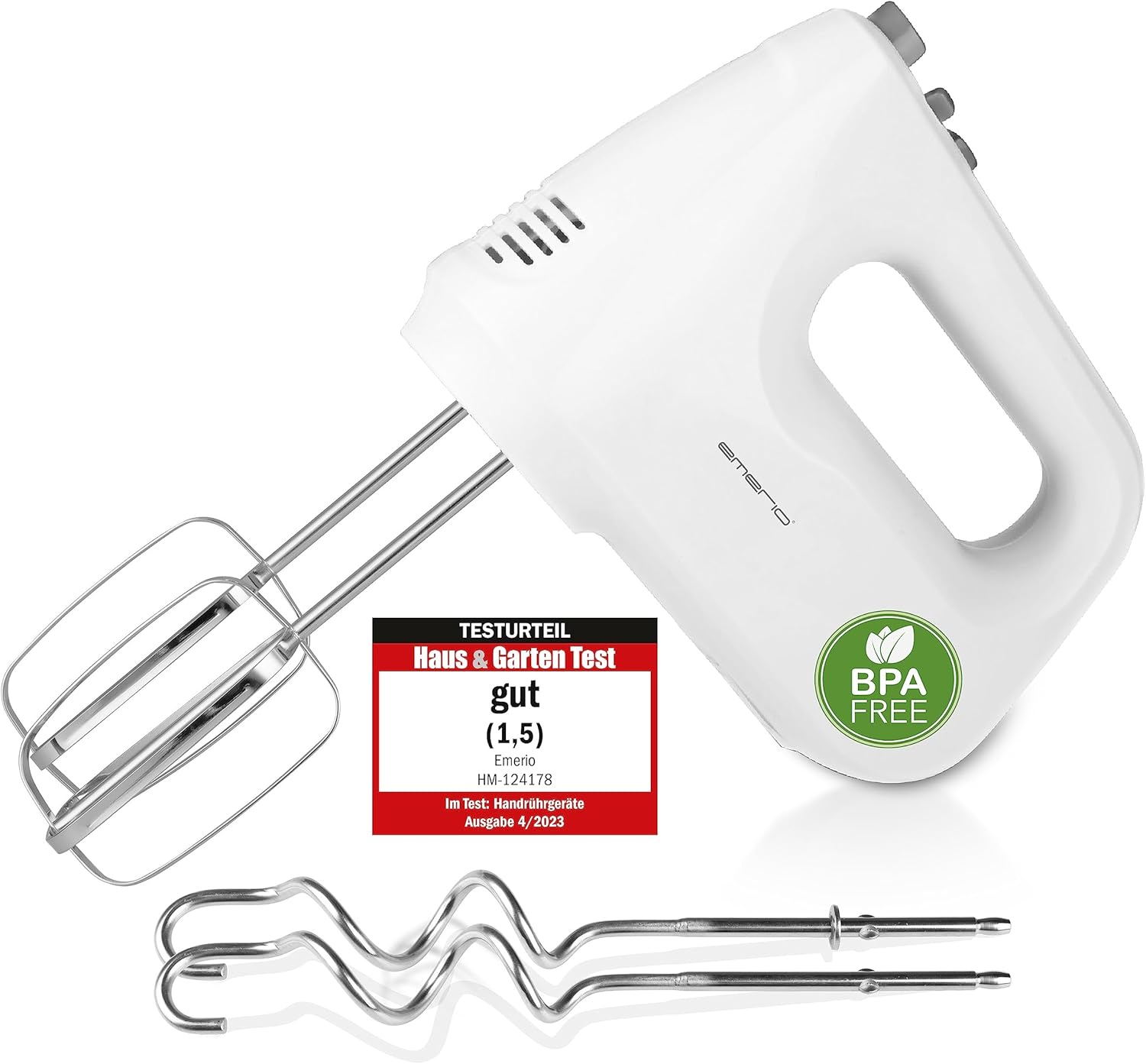 EMERIO HM-124178 Electric Hand Mixer with 250 Watt 6 Speeds & Turbo Button Extra Long Whisk + Dough Hook Made of Stainless Steel (Dishwasher Safe) BPA-Free