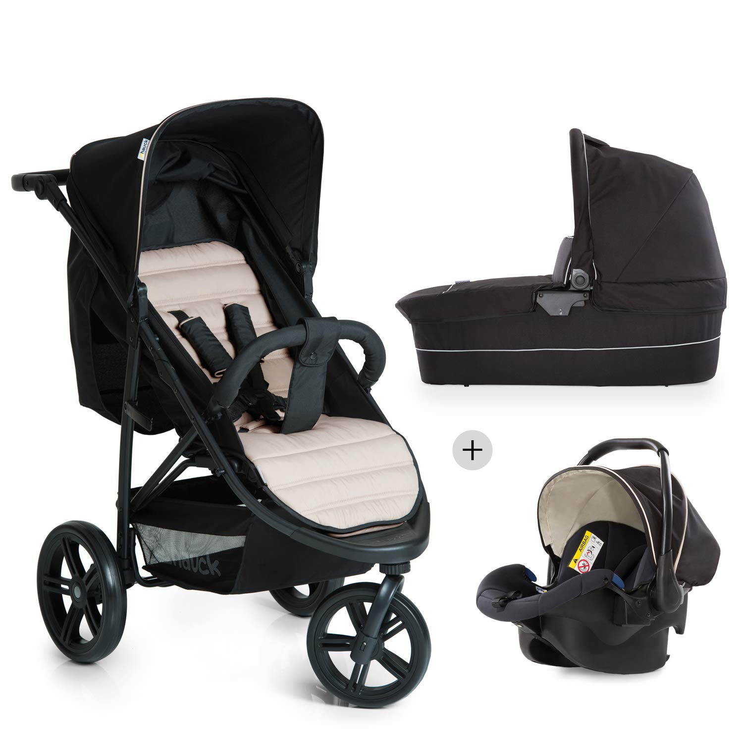 Hauck Rapid 3 Plus Trio Set / Tricycle Pram Set / Isofix-Enabled Baby Car Seat / Buggy Size 0 with Mattress from Birth to 25 kg Height Adjustable Handle Small Foldable without Isofix base