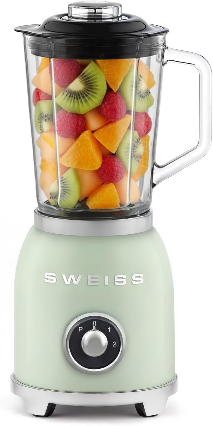 SWEISS Blender Smoothie Vintage MXV7, 2 Speeds and Pulse Function, 6 Stainless Steel Blades, 1.5L Capacity, Glass Jar, Non-Slip Feet, Safety Lock, 1000W, Green