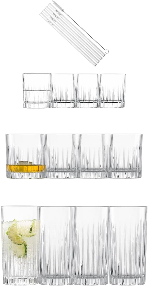 Schott Zwiesel Stage Bar Glasses Set of 17, Long Drink Glasses (440 ml) Whiskey Glasses (364 ml) and Shot Glasses (78 ml) with Relief (Item No. 124011)