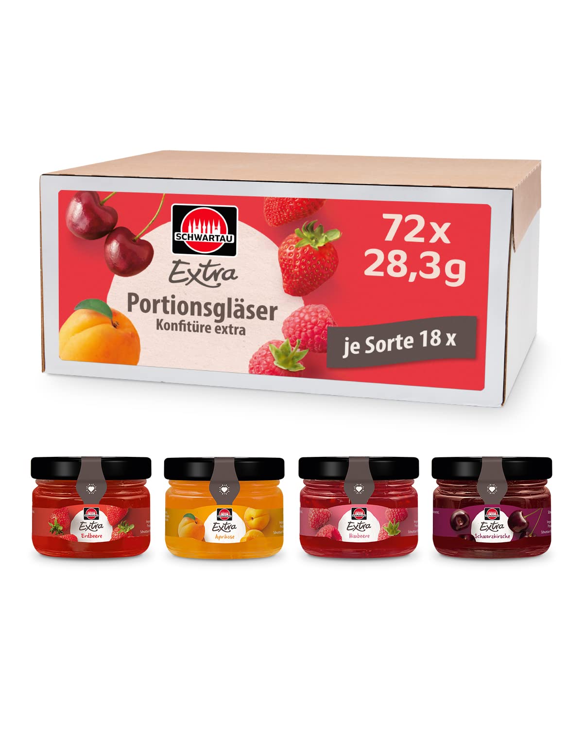 Schwartau Extra Mix Box, Jam Portion Jars (18 x Strawberry, 18 x Raspberry, 18 x Apricot, 18 x Cherry), 72 x 28.3 g