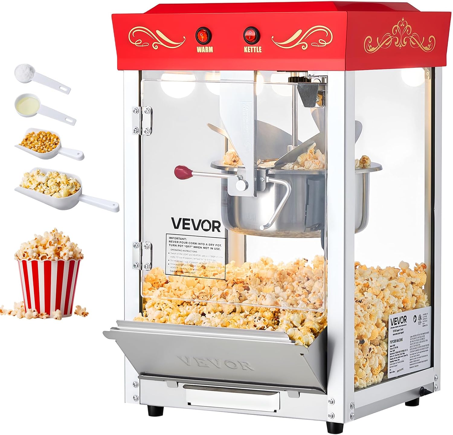 VEVOR Popcorn Maker with Stainless Steel Kettle, 800W Commercial Popcorn Maker, 48 Cups Per Load, Cinema Style, with 2 Button Operation, Glass Wall, PC Door, 1 Scoop, 3 Spoons, Red