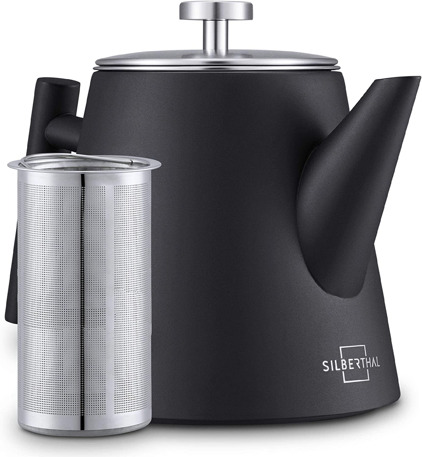 SILBERTHAL Teapot with Strainer Insert 1 Litre Stainless Steel Double-Walled Black Version 2021
