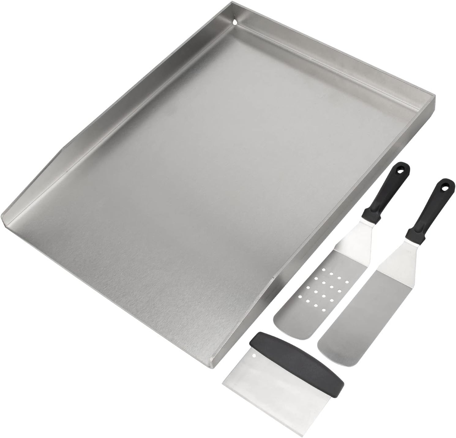 GriHero Universal Plancha Grill Plate with Grill Spatula Scraper Accessory Set, 40 x 30 cm Stainless Steel BBQ Plancha with Fat Drain for Weber, Charcoal Grill and Most Gas Grills