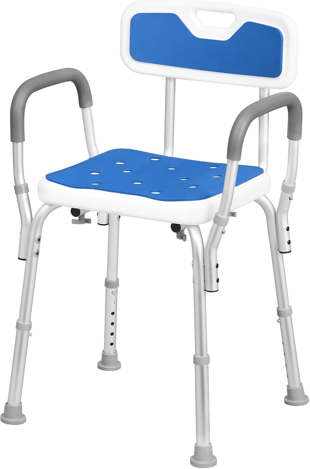 EUGAD Store EUGAD Shower Stool for Seniors with Armrests Backrest Height Adjustable 6 Levels 40 cm - 54 cm Shower Seat Non-Slip Bath Seat Stable Aluminum Plastic White Blue