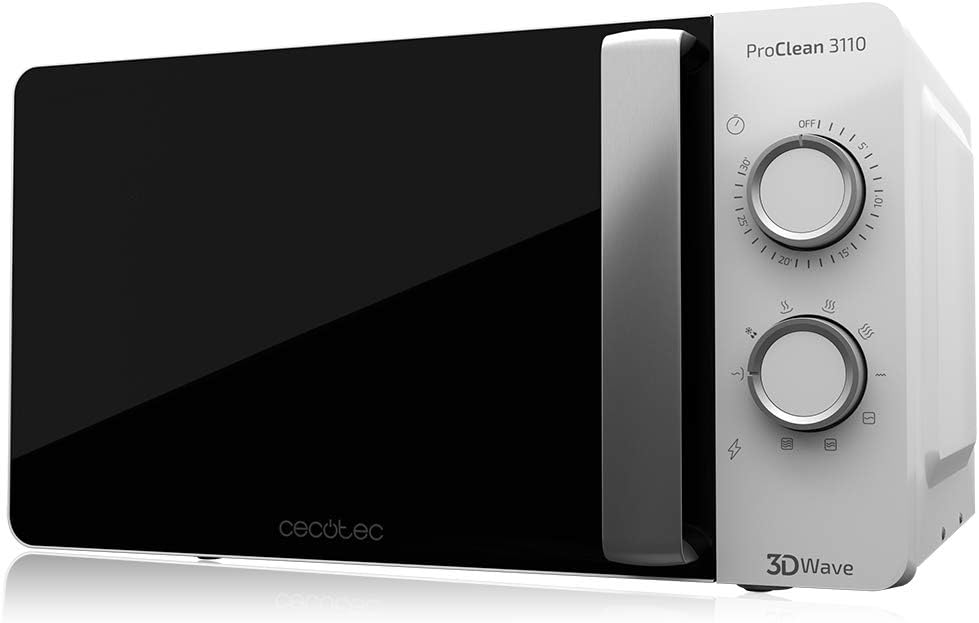 Cecotec Pro Clean 3110 Microwave 700 W with Quartz Grill 800 W Cooking Space 20 L Front Mirror Door Interior Light 3D Wave Ready 2 Clean Coating 30 Minute Grinding Time Timer 6 Levels 2 Control Knobs in White