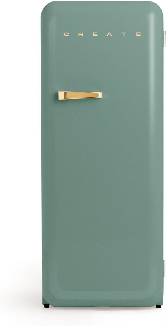 CREATE Retro Friend 150 Gold Fridge Freezer 281 L in Sage Green, Gold Handle / 102 W, Low Energy Consumption, 150 cm, 3 Shelves, Temperature Control, 60 x 60 x 150 cm