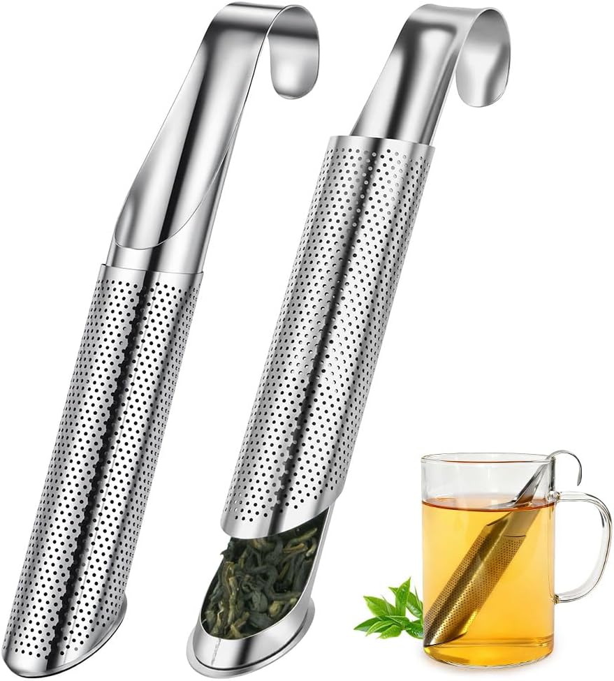 Vicloon Stainless Steel Tea Diffuser, 2 Pieces, Fine Mesh Tea Rod, Loose Tea, Stainless Steel Tea Infuser, Fine Mesh Tea Strainer with Hook Handle (Detox Tea, Darjleeg Tea, Mate Tea)
