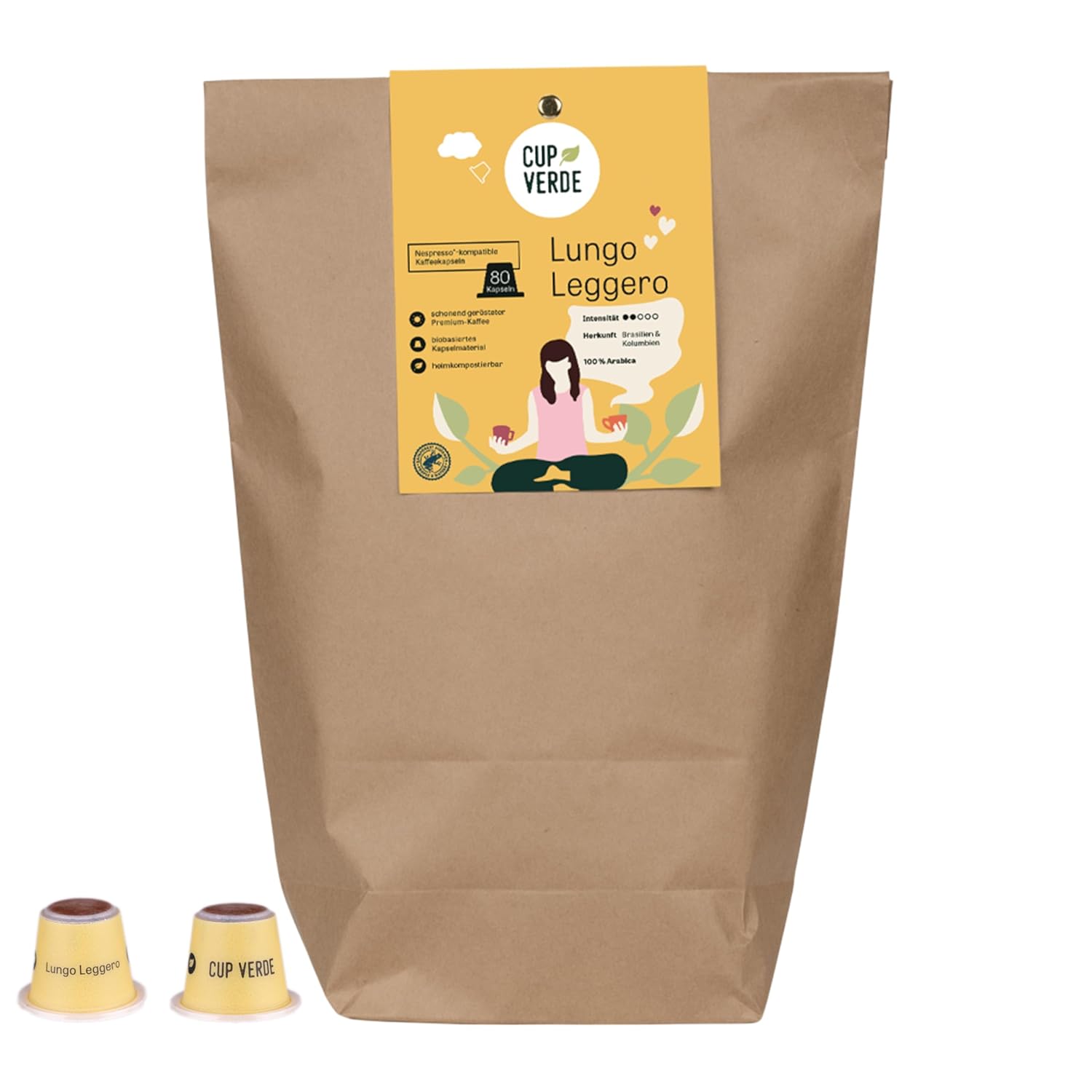 Cup Verde 100 Lungo Leggero Coffee Capsules Compatible with Nespresso* / Mild and Low Acid / Sustainable - Home Compostable - Gently Roasted
