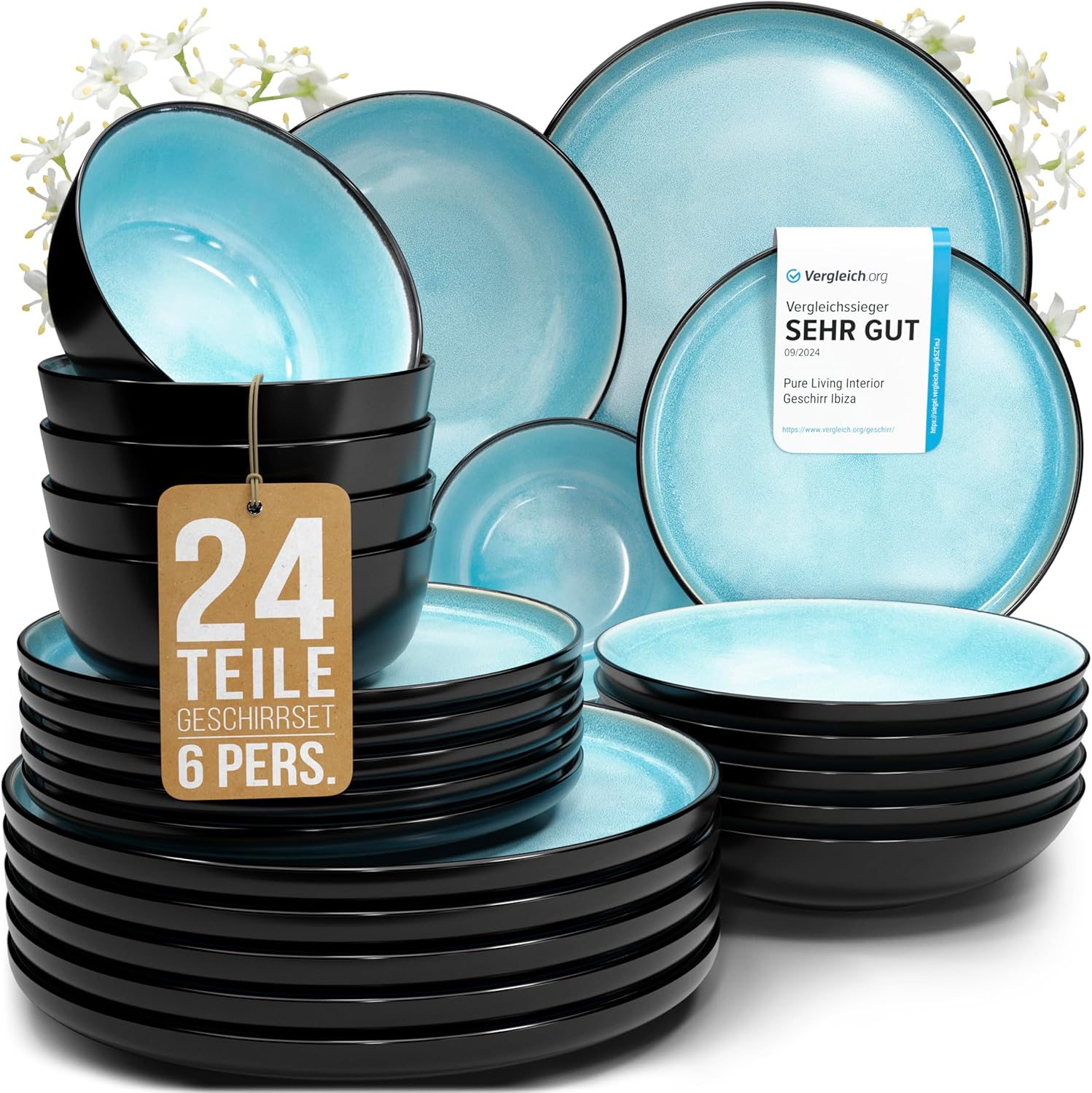 Pure Living Ibiza Stoneware Crockery Set for 6 People, 24 Pieces, Test Winner, Dreamy Mediterranean Stoneware Set, Bowl & Plate Set, Dinner Service for 6 People, Tableware Sets in Aquamarine