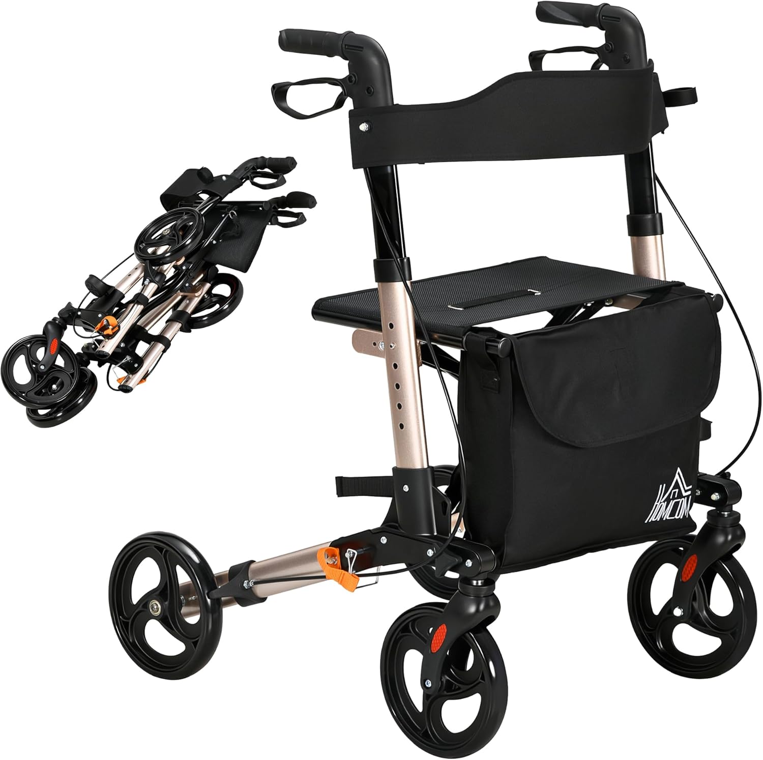 HOMCOM 4 Wheel Walker with Seat and Backrest, Folding Mobility Walker with Carry Bag, Height Adjustable, Double Brakes, Stick Holder, Lightweight Aluminum Walking Frame for Seniors