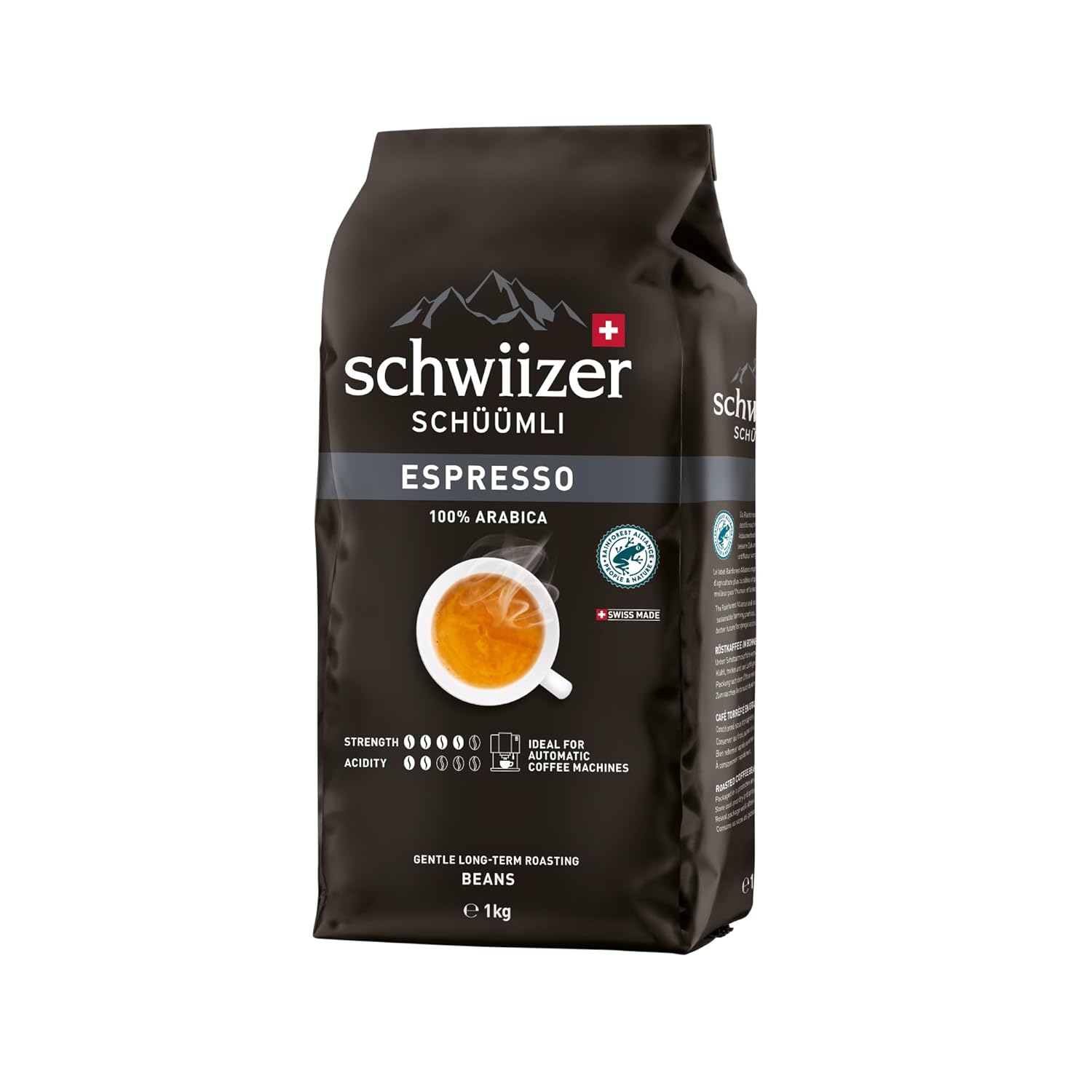 Schwiizer Schüümli Espresso, 100% Arabica Coffee Beans, Strong Intense, Ideal for Fully Automatic Machines, Strength 4/5, Medium Roast, Rainforest Alliance, 1 kg