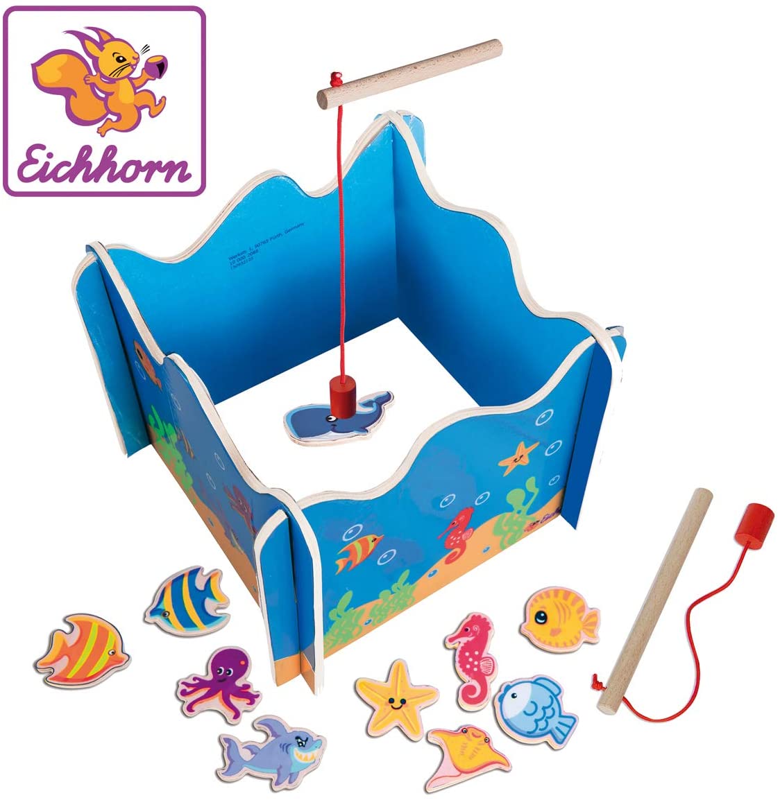 Eichhorn 100002089 Fishing Game with Two Rods, Wooden Toy, Skill, Age 3 and Above, 16 Pieces