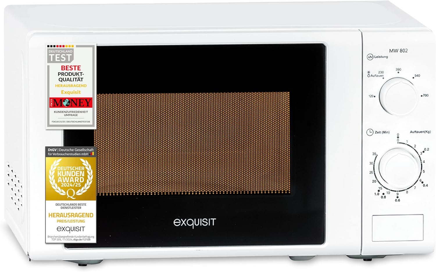Exquisit Microwave MW 802, 700 W Power, 20 L Cooking Space, Compact Microwave With Stainless Steel Interior, Space Saving, Incl. Timer, White