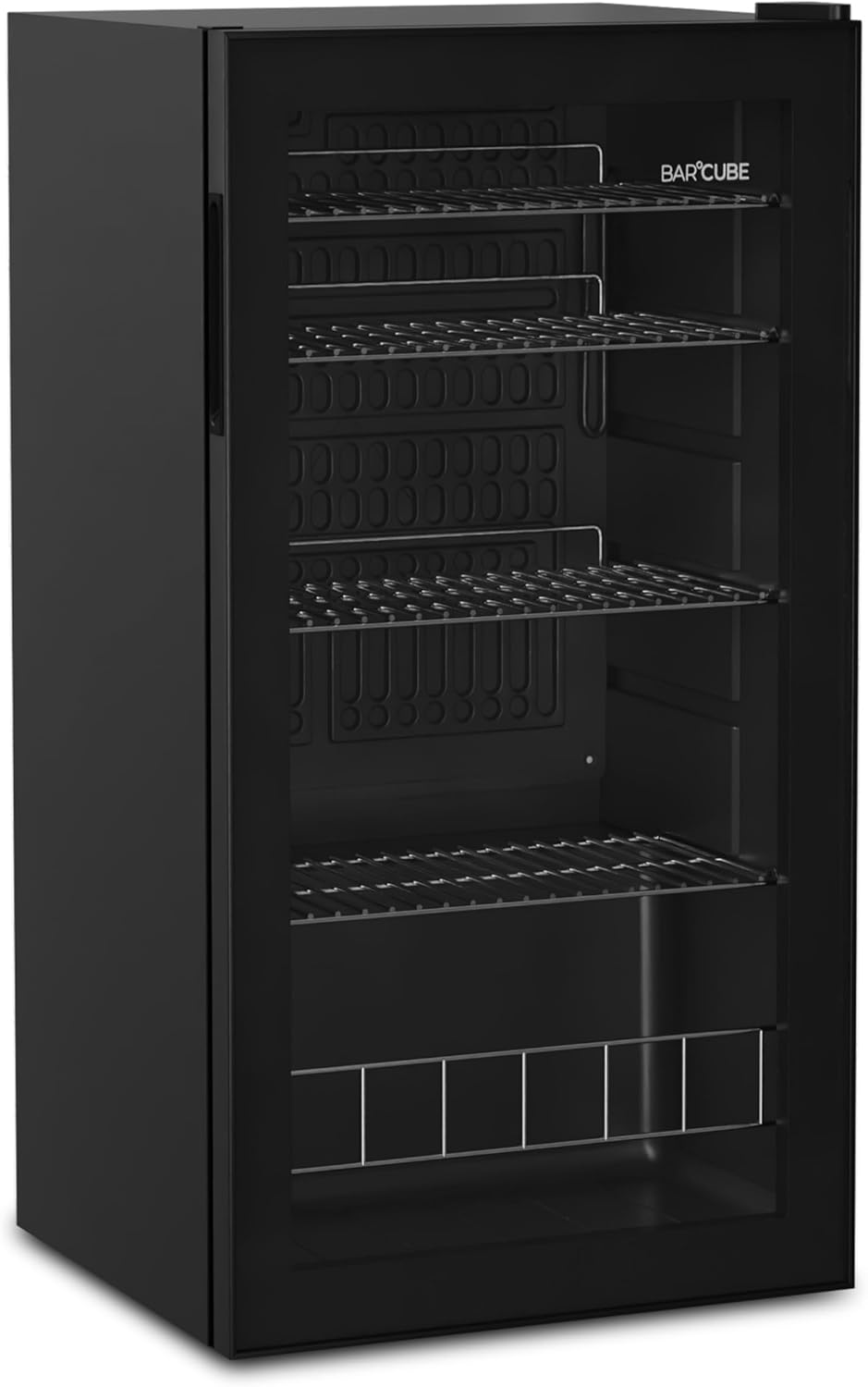 °CUBES BAR°CUBE 90L Drinks Fridge with Glass Door & LED - Quiet Mini Fridge for Cans & Bottles - 90 L Drink Cooler with 4 Variable Shelves, Energy Efficient & Compact, Black