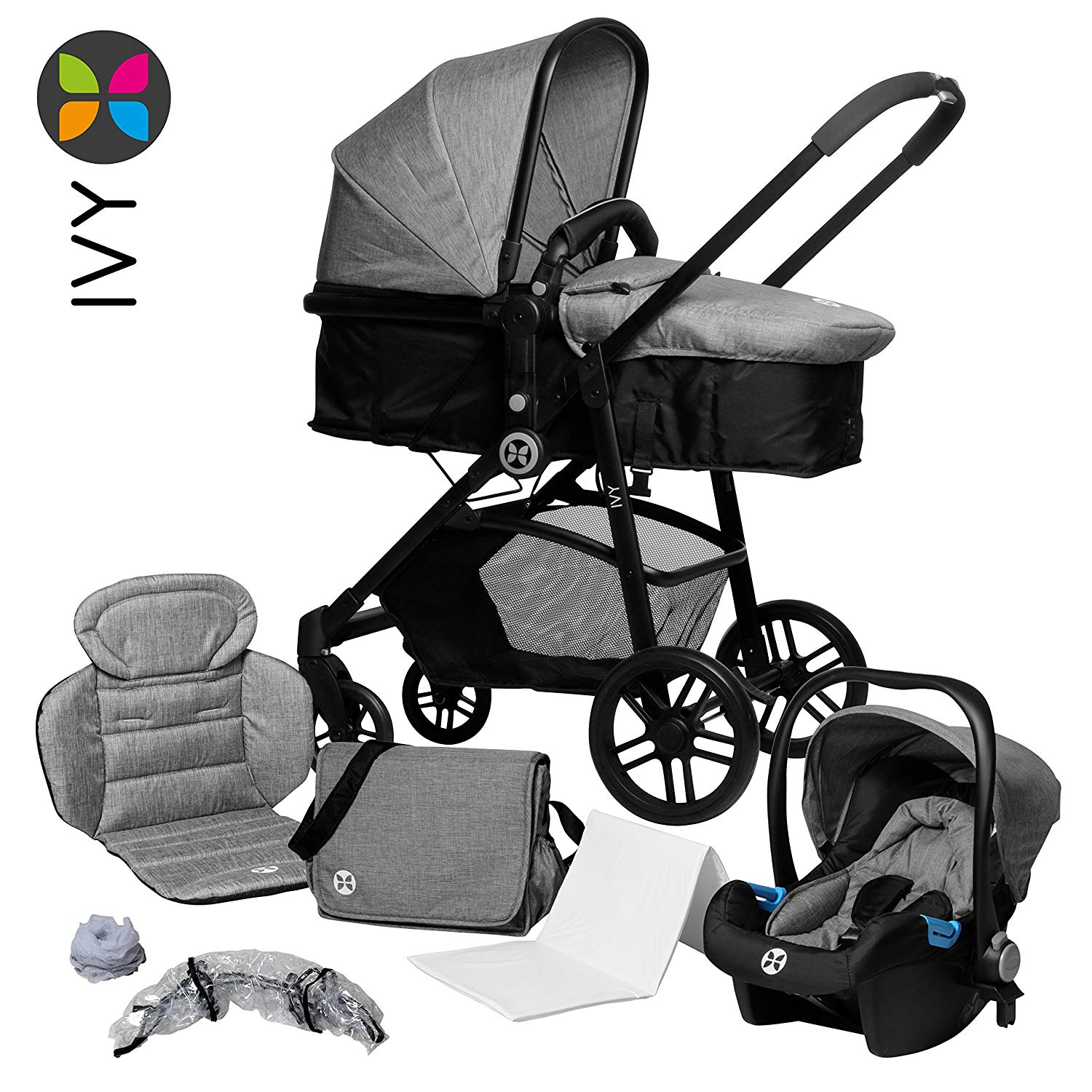 Babyblume Combination Pram 3 in 1, Complete Set incl. Baby Car Seat (Car) and Tub, Baby Flower Ivy