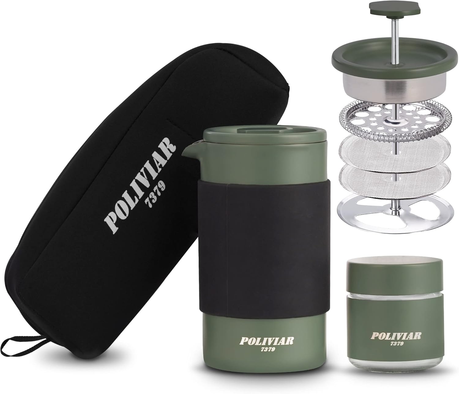 Polivar French Press Coffee Machine, 350 ml Portable French Press with Mini Canister and Collection Bag, Double Wall Insulation Dual Filter Screen (JX2022-PFG-DE)
