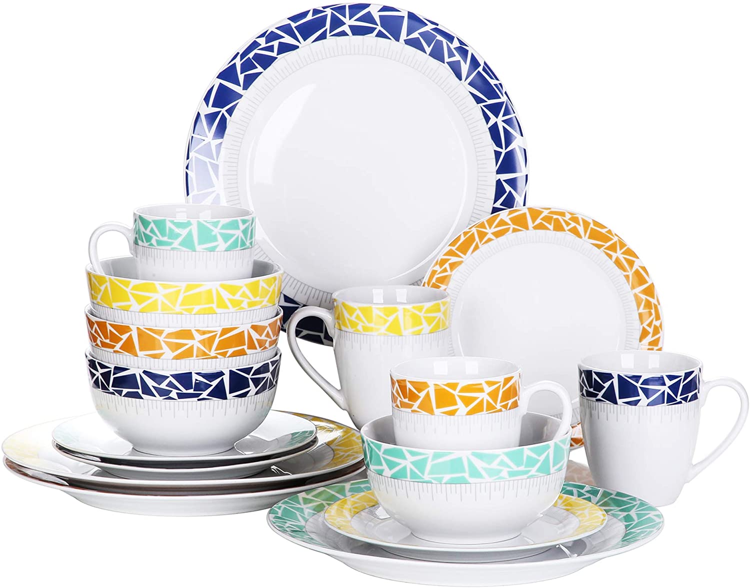 Veweet 32-piece Porcelain Dinner Set, 16-piece Crockery Set includes 10.75 inch (27 cm) Dinner Plate, 7.5 inch (19 cm) Dessert Plate, 5.5 inch (14 cm) Bowl and 380 ml Coffee Mug, Complete Service for 4/8 People