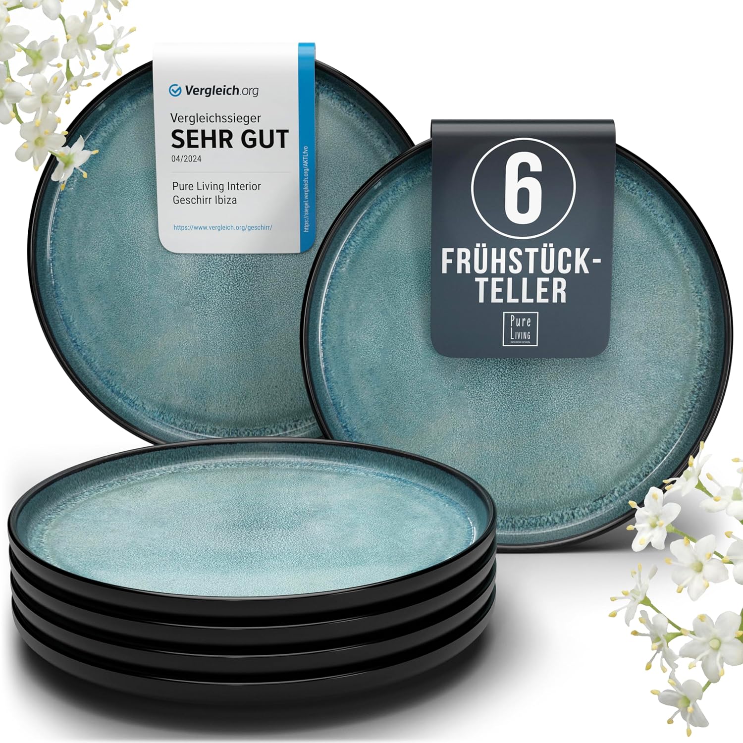 Pure Living Ibiza Stoneware Breakfast Plates for 6 People, Mediterranean Dessert Plate Set, ‘Very Good’ in Test, Cake Plates, Dishwasher-Safe, Scratch-Resistant, Small Plates, Salad Plates, Petrol