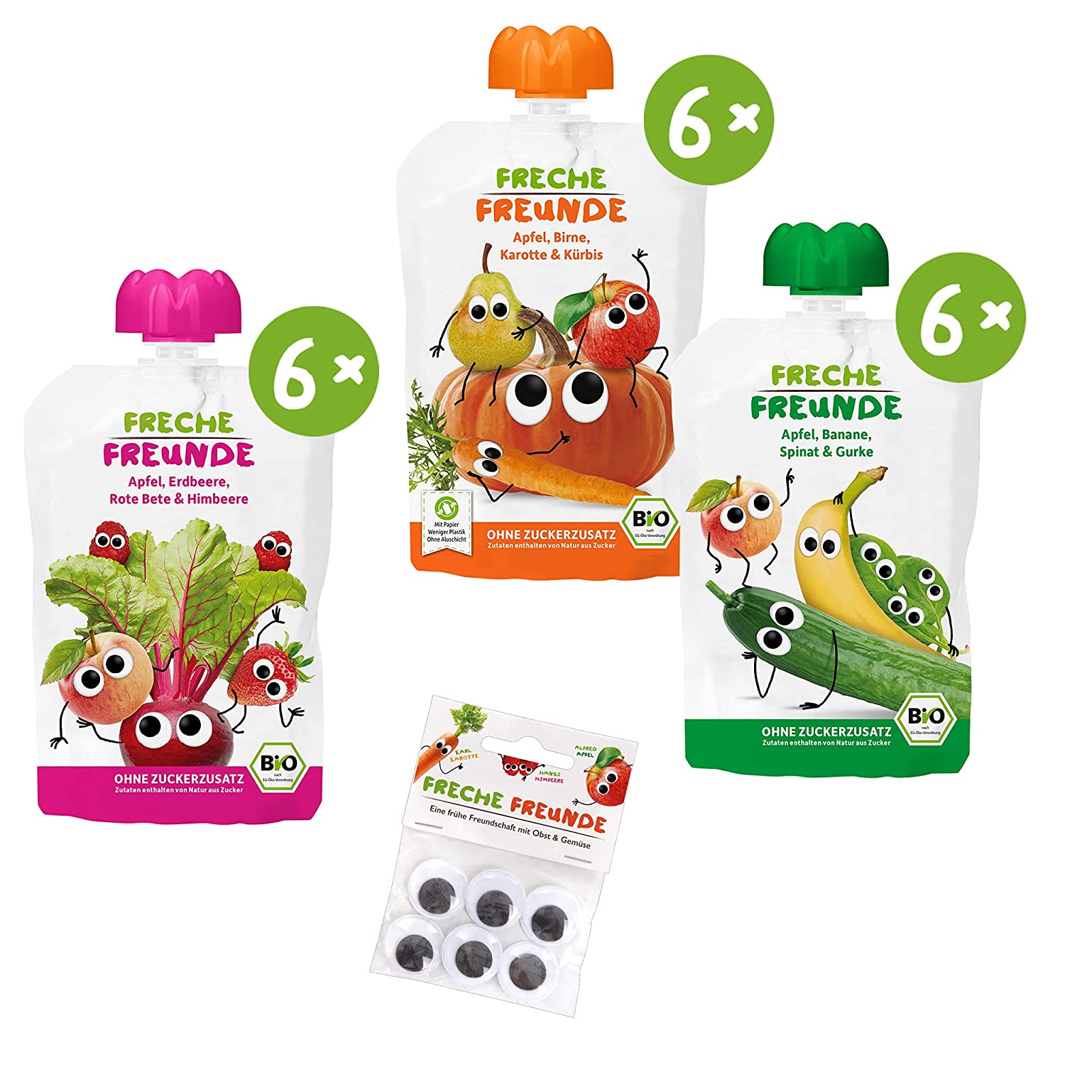 Freche Freunde Bio Quetschie-Paket mit frechem Gemüse PLUS 1x Wackelaugen, Frucht-& Gemüsemus im Quetschbeutel, 1.8 kg
