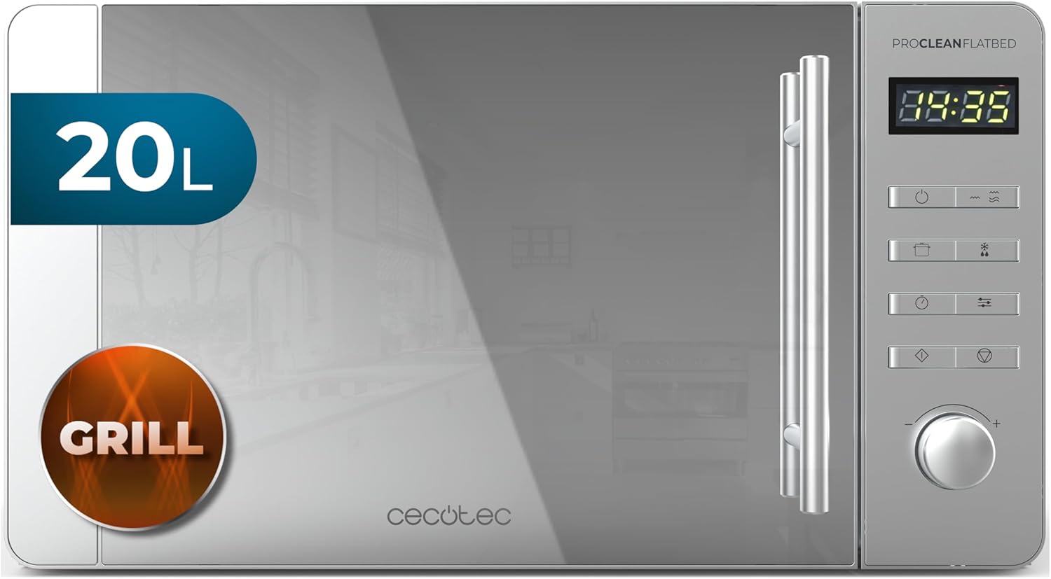 Cecotec Microwave with Grill Proclean 5120 Flatbed Mirror. Capacity 20 L, 700 W, 5 Levels, 800 W Grill, 8 Automatic Programmes, LED Display with Clock and 3DWave Technology, Perfect Results