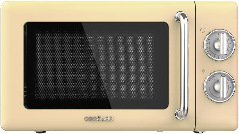 Cecotec Proclean 3010 Retro Yellow Mechanical Microwave 20L 700W 6 Levels Timer up to 30 Minutes Defrost Mode Vintage Design Yellow Steel Finish