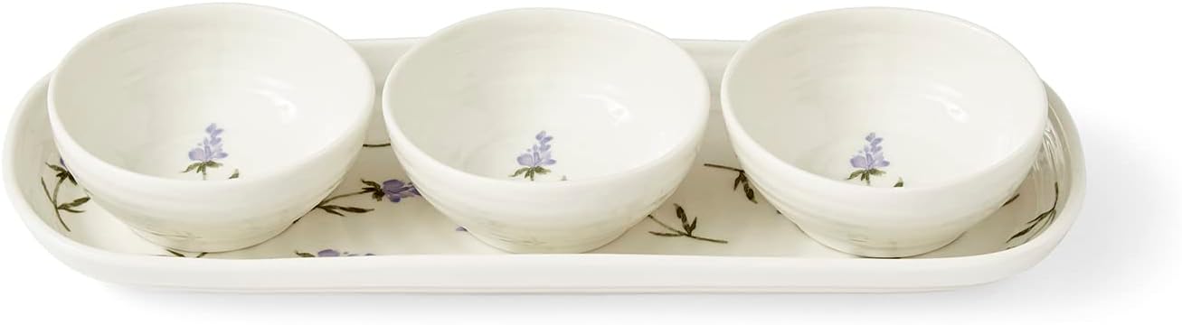 Portmeirion Sophie Conran Lavandula 4-Piece Bowl and Tray Set, Porcelain Chip & Dip Serving Set, White Small Serving Bowls for Side Dishes, Salsa, Appetizers, Serving Bowls for Entertainment