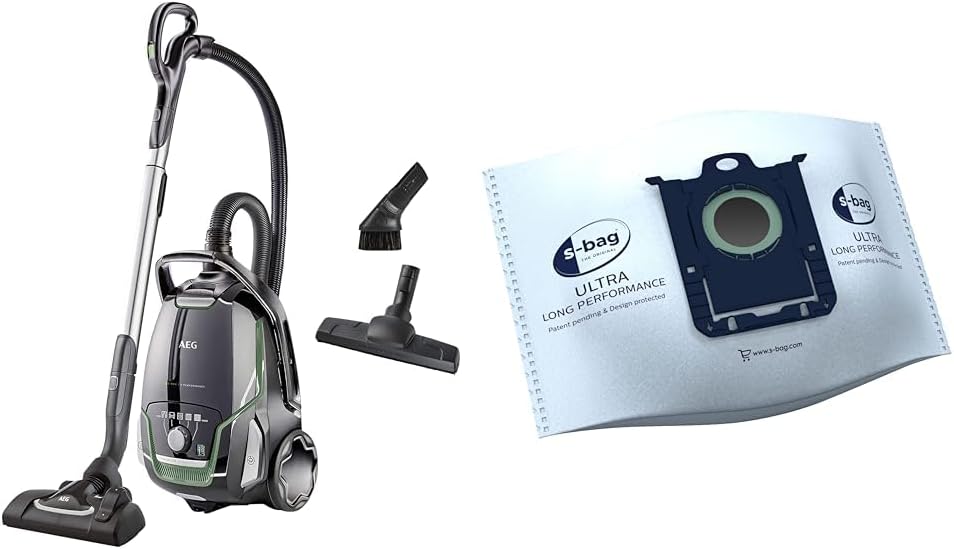 AEG VX9-2-ÖKO Vacuum Cleaner with Bag & GR210S s-Bag Ultra Long Performance Vacuum Cleaner Bags (3 XXL Synthetic Dust Bags for Permanently High Suction Power, Optimal Filtration, 5 Liter Volume, White)