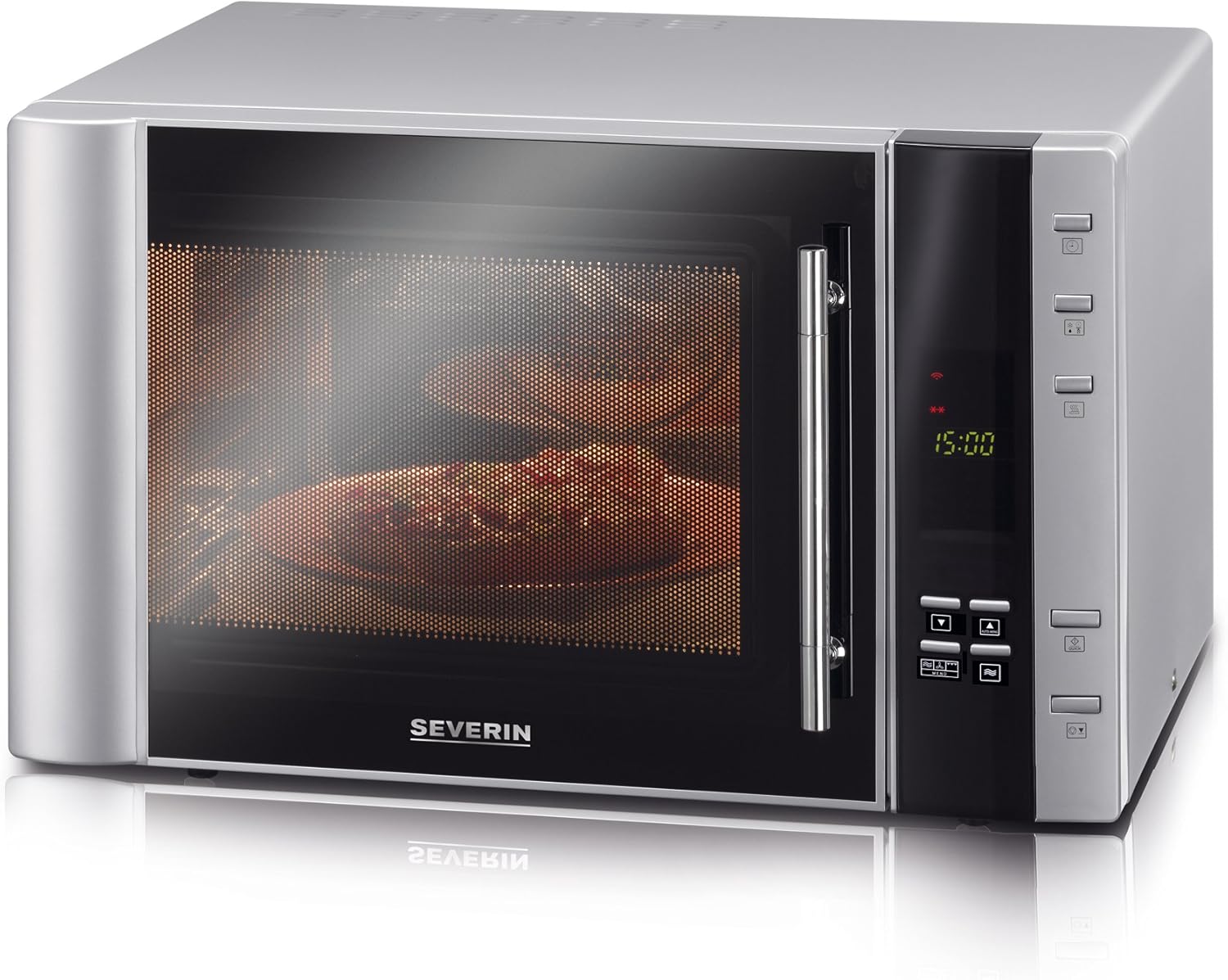 SEVERIN MW 7825 3-in-1 Microwave with Grill and Hot Air Function, Mini Oven with 10 Automatic Programmes, Multifunctional Microwave with Turntable and Cooking Grate, Silver/Black