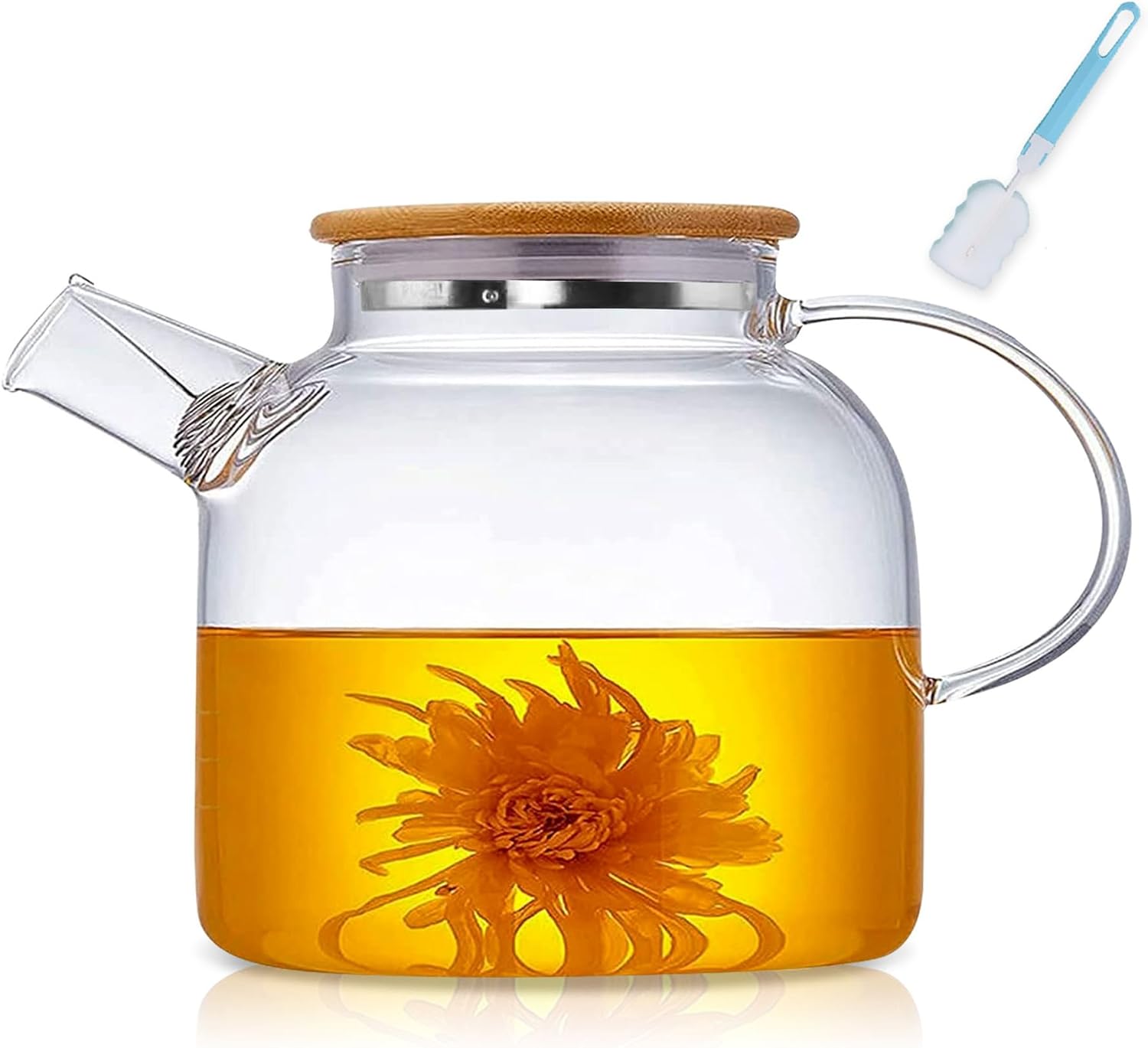Teapot with strainer insert, 1500 ml glass teapot with wooden lid, heat-resistant high borosilicate teapot with removable filter, modern and elegant teapot design for tea, flower tea and juice