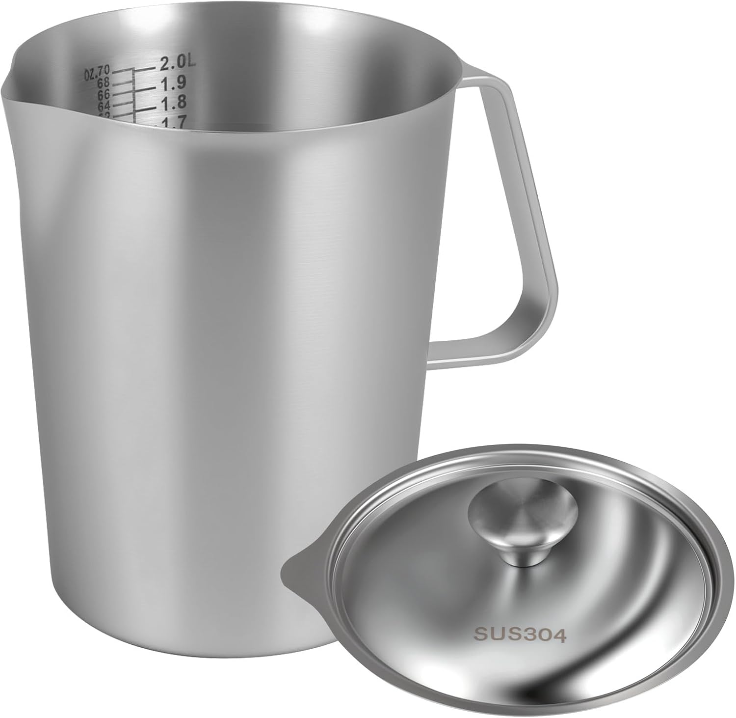 KEGAJEGA Milk Jug 2L 304 Stainless Steel Measuring Cup with Lid and Marking Easy to Clean Milk Pitcher for Restaurants for Cooking in the Kitchen Latte Coffee Cappuccino