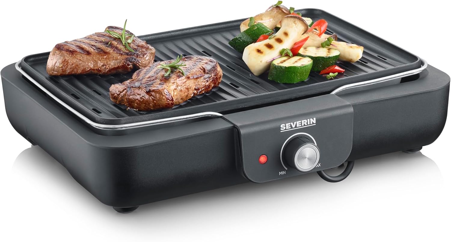 SEVERIN PG 8556 Table Grill with Grill Plate, for Indoor and Outdoor Use, Aluminum Die-Cast Plate, Electric Grill with Quick Grill Start, Adjustable up to 230°C, 2,200 W, Black