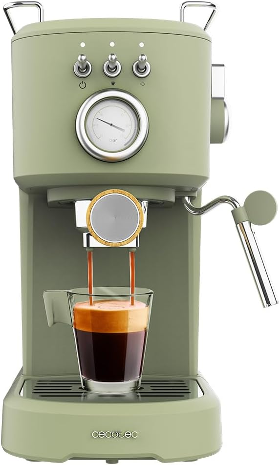 Cecotec espresso machine Compact Power Espresso 20 Retro Green 1100 W, 20 bar, thermoblock system, swiveling steamer, filter arm with double output and 2 filters, 1.25 liters