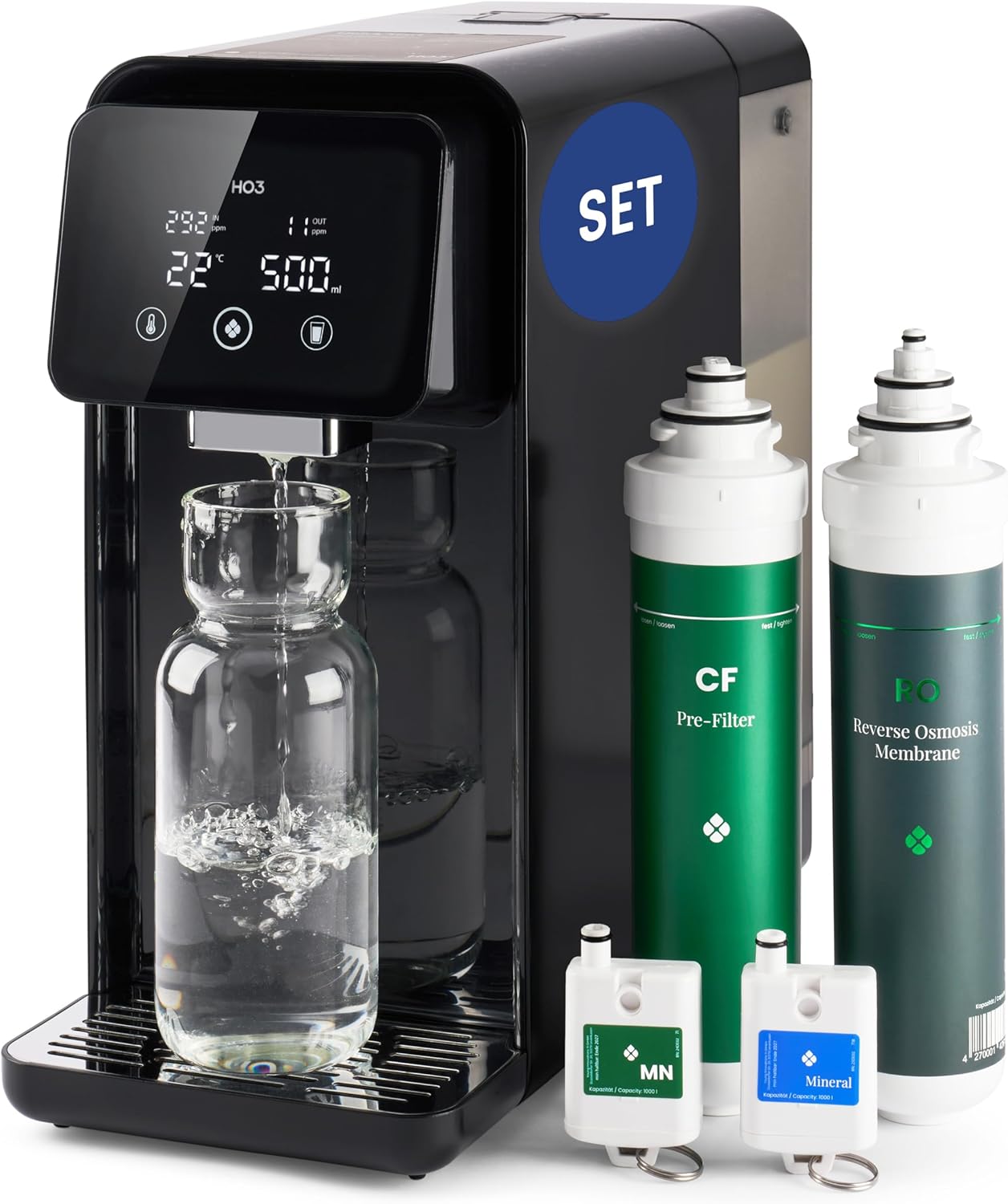HO3 Home One Countertop Osmosis System for Drinking Water with 4 Temperature Levels (RT, 50, 85, 95°C), 5 Levels Water Output, with Real Time TDS, MicroShield Filter Technology, Water Filter (Black)
