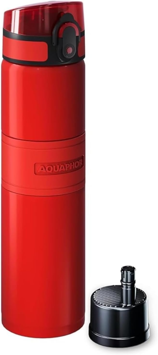AQUAPHOR City Cool Filter Bottle, 500 ml, Mineral Red, Bottle with Water Filter for Travel, Leak-proof Lid & Up to 24 Hours Cooling, Interchangeable Filter with Activated Carbon Fibre and BPA-Free