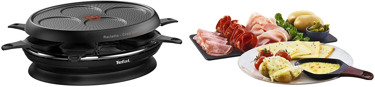 Tefal RE320812 \"Crêp\'party\" 2-in-1 Raclette Maker with Built-In Storage Powerglide Non-Stick Coating Dishwasher Safe 8 Panels 1050 W, Black