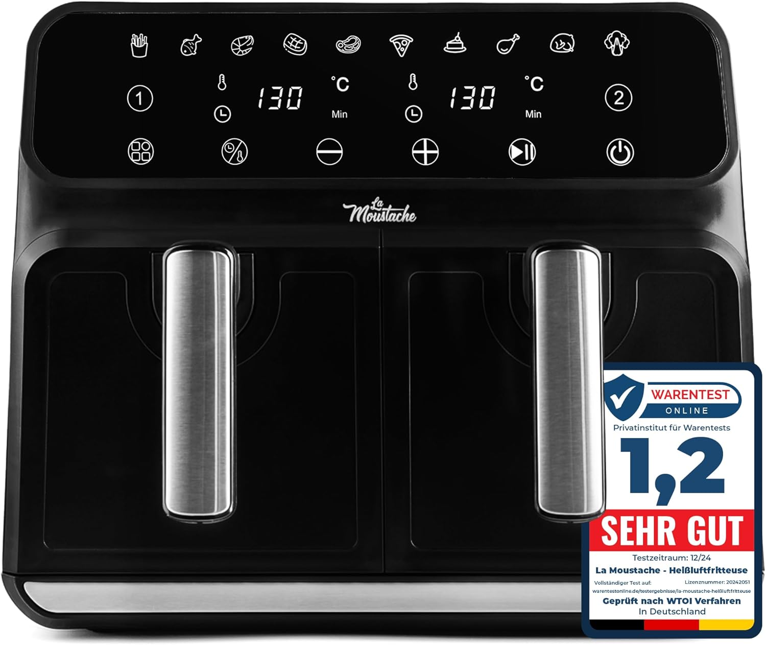 La Moustache - XXL Hot Air Fryer, 2 Compartments, 8 L Included, E-Book with 50 Recipes, 6 Cooking Functions, 10 Programmes, Air Fryer with Non-Stick Coating, Max 220°C, Timer, 1700W (DuoFry Black)