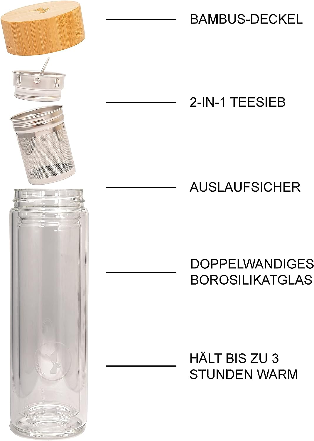 re:grow Regrow Drinking bottle with tea strainer to go, made of double-walled borosilicate glass, bamboo lid, with neoprene cover, 500 ml, vegan, plastic-free