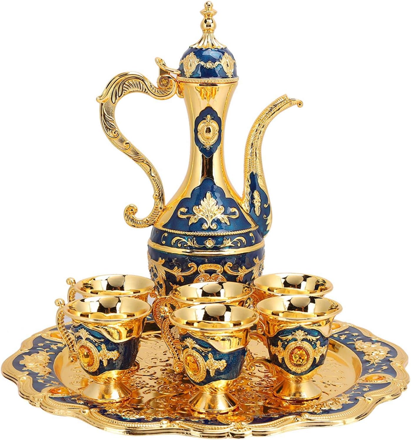 Turkish Coffee Pot Set, Vintage 8-Piece Metal Tea and Coffee Set with 6 Cups, Zinc Alloy for Living Room and Dining Table, Gift for Wedding and Christmas