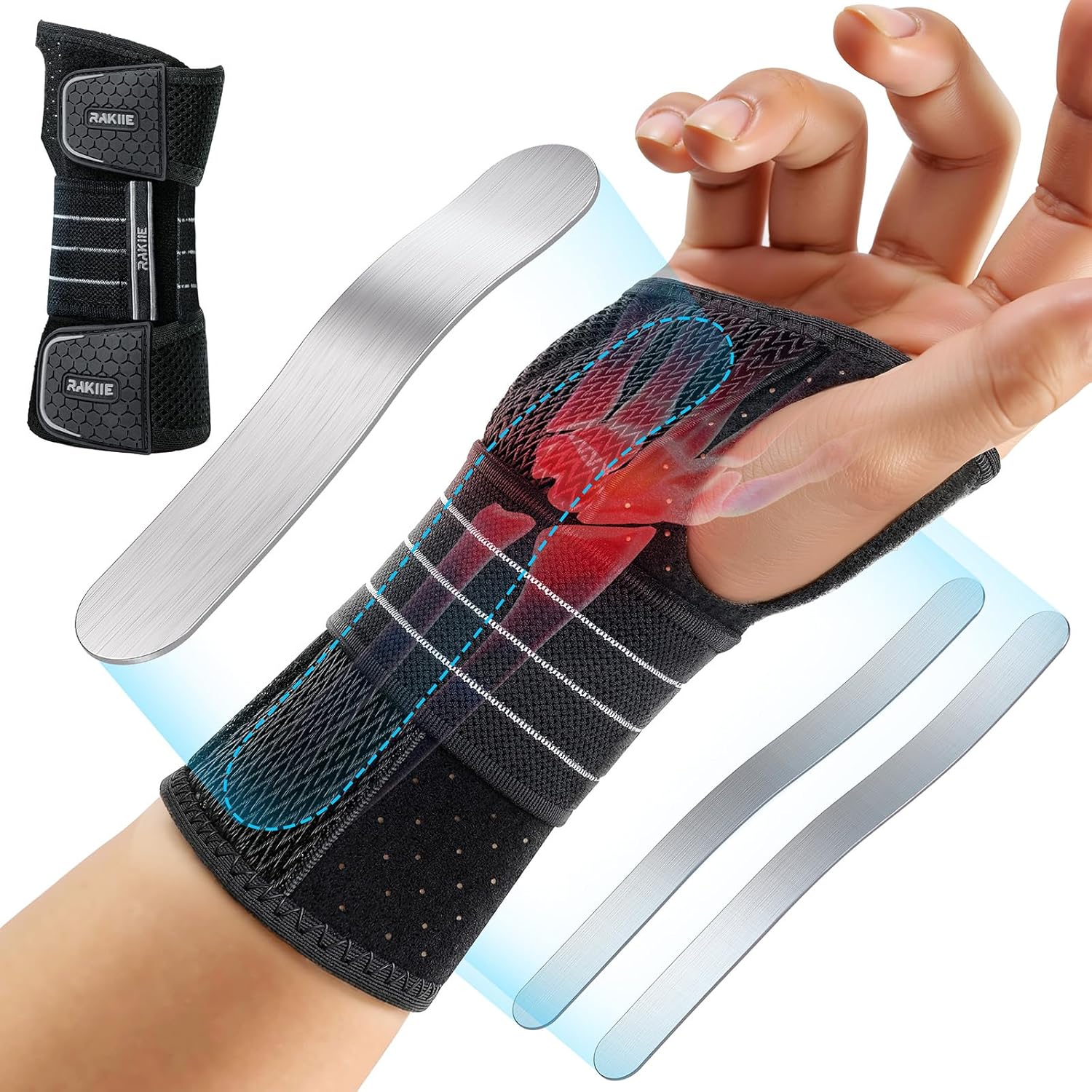 Rakiie Wrist Support, Adjustable Wrist Bandages with 3 Metal Splints, Wrist Bandage for Men and Women, No Pressure on the Thumb, Splint Stabilizer, Grey, Right Hand, L