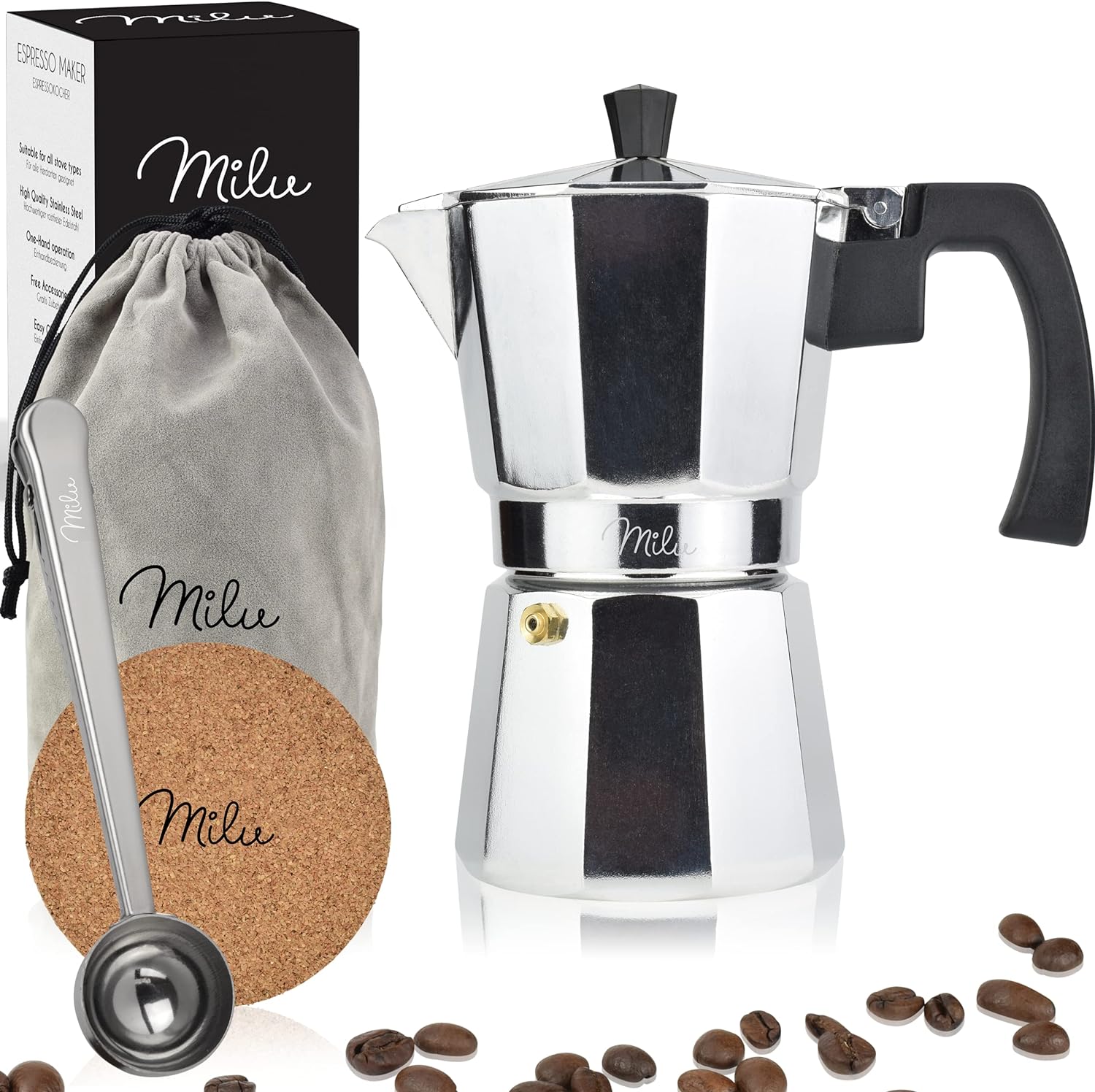 Milu Espresso Maker (No Induction) | 2, 3, 6, 9 cups | Aluminum Mocha Pot, Espresso Pot, Espresso Maker Set Including Coaster, Spoon, Brush (Aluminum, 6 Cups (300 ml)