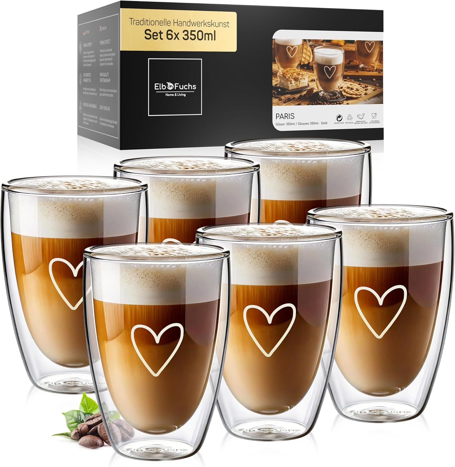 Latte Macchiato Glasses Double-Walled, 6 x 350 ml, Gift Idea with HEART, Crystal Clear Thermal Glasses Double-Walled, Ideal as Cappuccino Glasses, Coffee Glasses, Tea Glasses