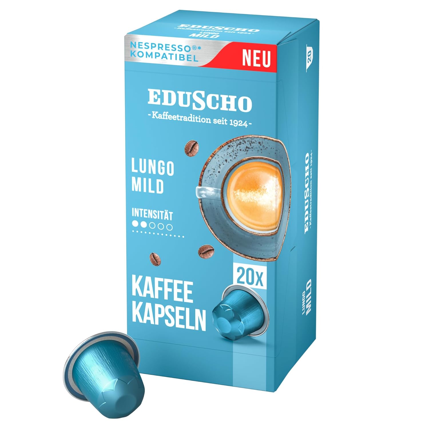 Tchibo Eduscho Lungo Mild Coffee Capsules, Pack of 20, Compatible with Nespresso, Mild Roasting, Gentle and Harmonious Taste, Sustainable & Fair Trade