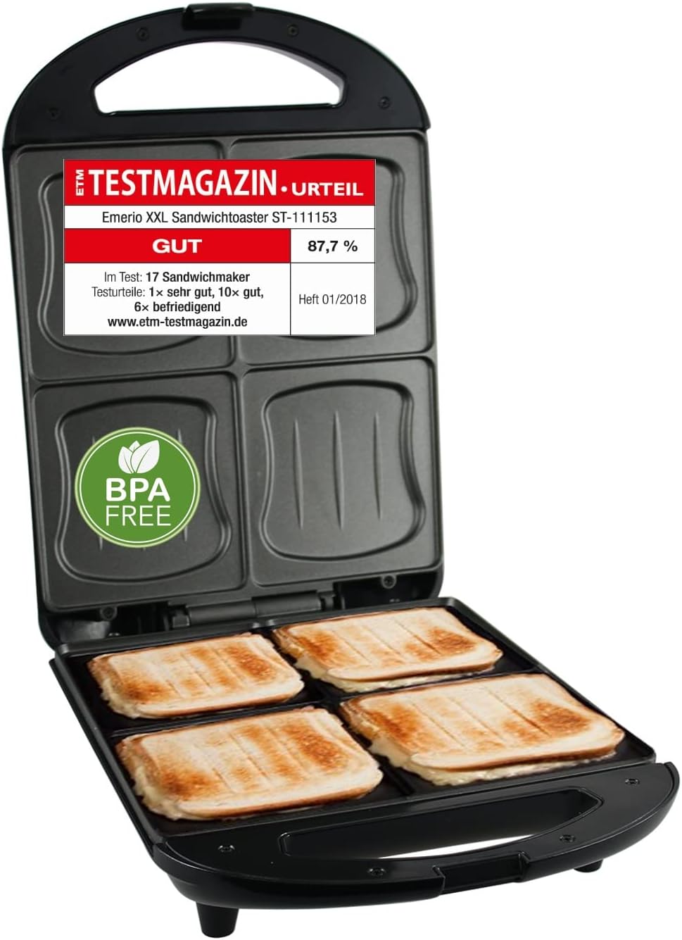 Emerio XXL Sandwich toaster Test Good for All Toast Size, 4 X Large Shell Shape for the Whole Family, Cheese Does Not Leak From No Smudging, BPA-Free, 1300 Watt Sandwich Maker, Pack of 4